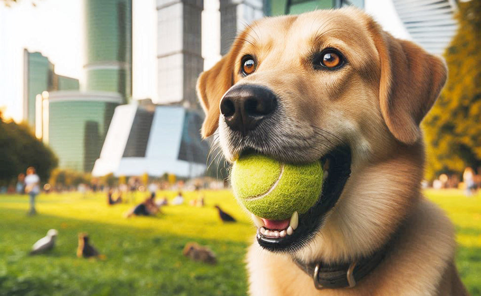 A dog at the park with a tennis ball in his mouth - Are tennis balls safe for dogs? By PetWell 