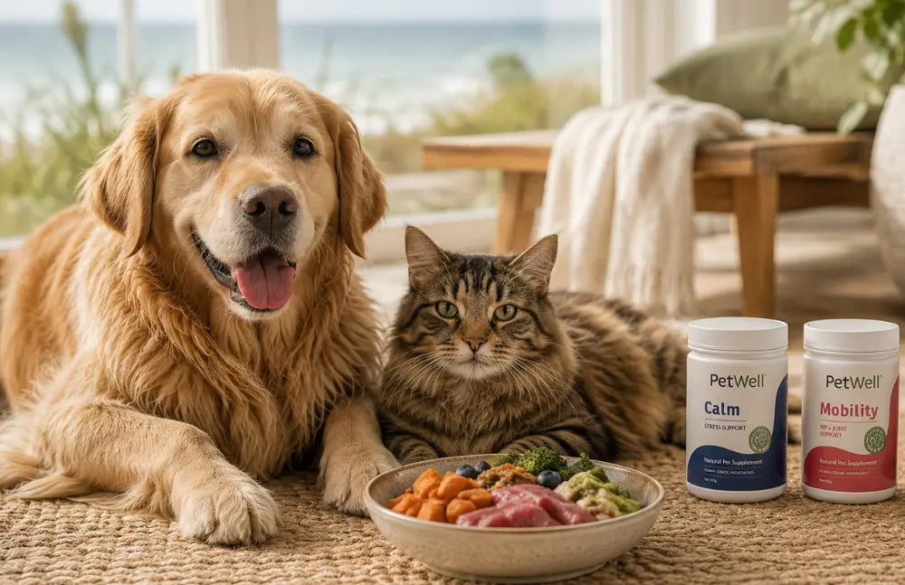 Dog and a cat sitting near food and best Multivitamins for Dogs & Cats