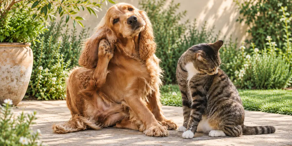 A golden retriever dog and a tabby cat sitting side by side on a stone patio in a sunny garden with green plants and a beige wall in the background.
