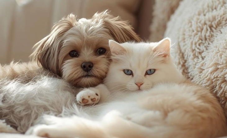 Cat and dog looking relaxed and happy on the couch