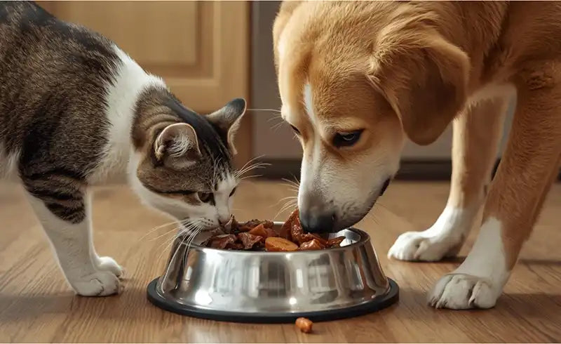 Cat and dogs eating from teh same bowl - Why Natural Pet Food Is Better for Your Pet