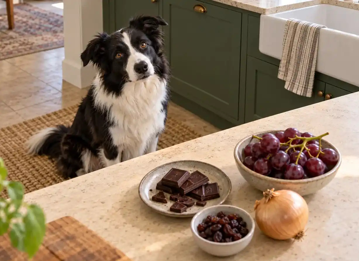 Border Collie sitting in a green kitchen behind a benchtop with chocolate, grapes, raisins and an onion—foods that can be toxic to dogs.