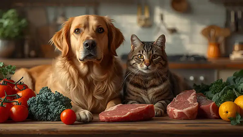 Dog and cat Amidst Fresh Produce they can eat