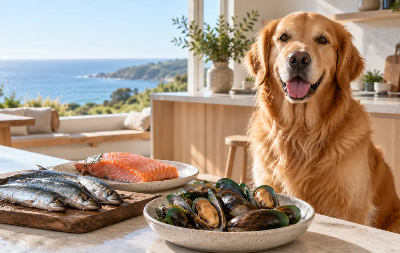 Dog in kitchen with ocean views, beside sardines and green‑lipped mussels, natural sources of marine omega‑3.