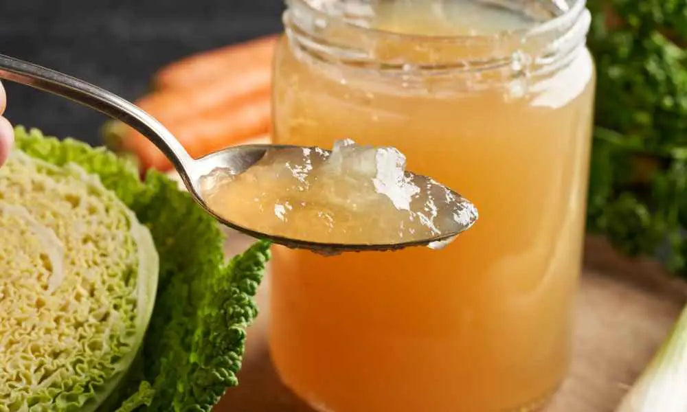 A spoon full of bone broth for dogs and cats