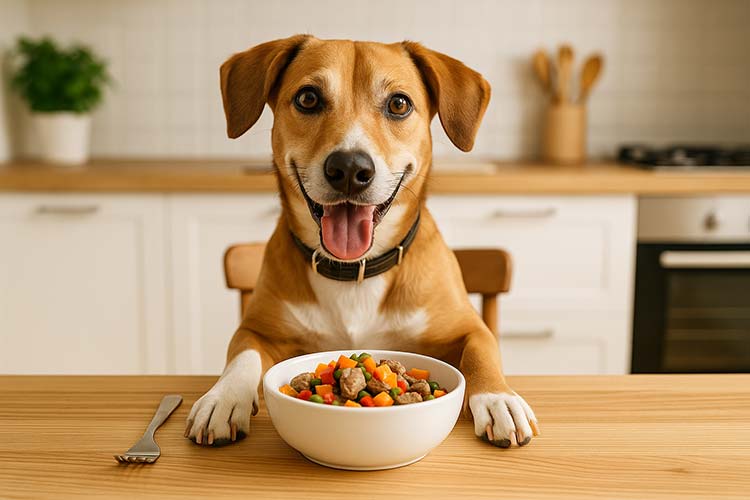 Dog at kitchen table modelling for Pet Nutrition Guide What to Feed Your Dog or Cat by PetWell