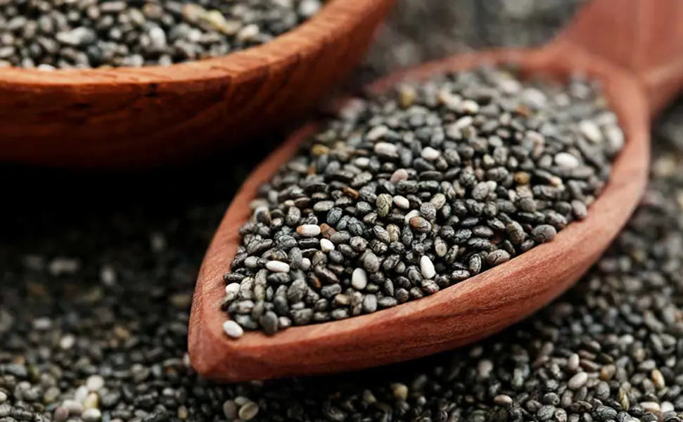 Close up of a wooden spoon full of chia seeds 