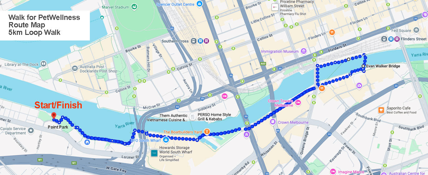 2025 Walk for PetWellness route map along the Yarra River back to Point Park