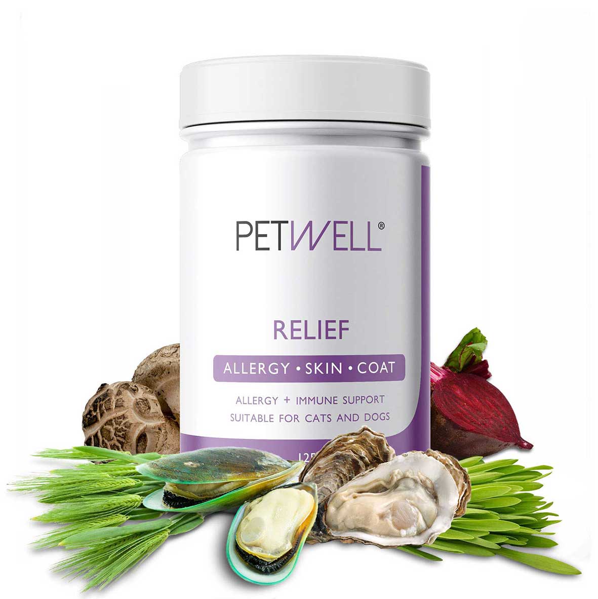 Allergy relief supplement for cats and dogs with allergies skin and coat issues - PetWell RELIEF. Formulated by a Pet Naturopath using all natural human grade ingredients. 