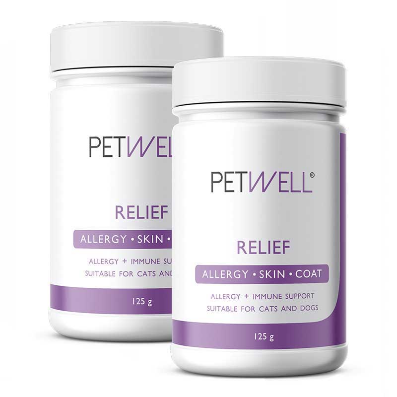 Allergy relief supplement for cats and dogs with allergies skin and coat issues - PetWell RELIEF. Formulated by a Pet Naturopath using all natural human grade ingredients. 