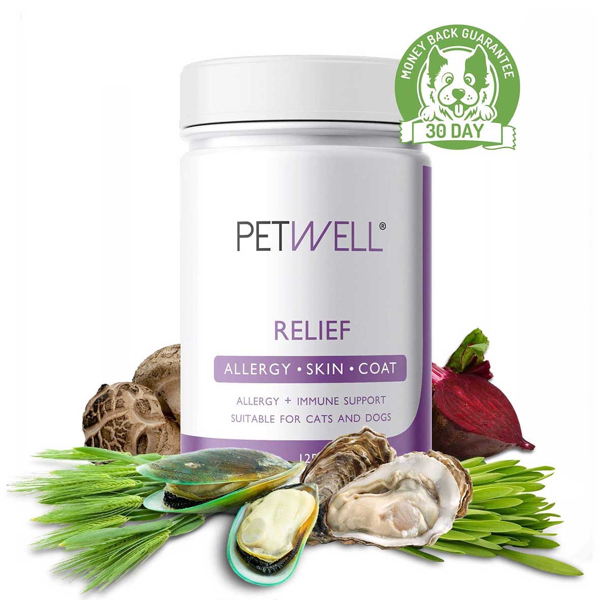 Allergy RELIEF supplement for cats and dogs with allergies skin and coat issues by PetWell. Formulated by a Pet Naturopath using all natural human grade ingredients. 