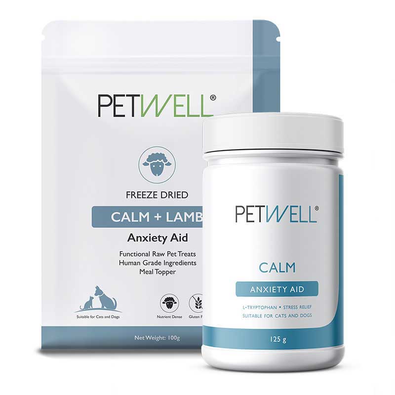 Anxiety relief supplement and functional treats for cats and dogs with anxiety - PetWell CALM. Formulated by a Pet Naturopath using all natural human grade ingredients. 