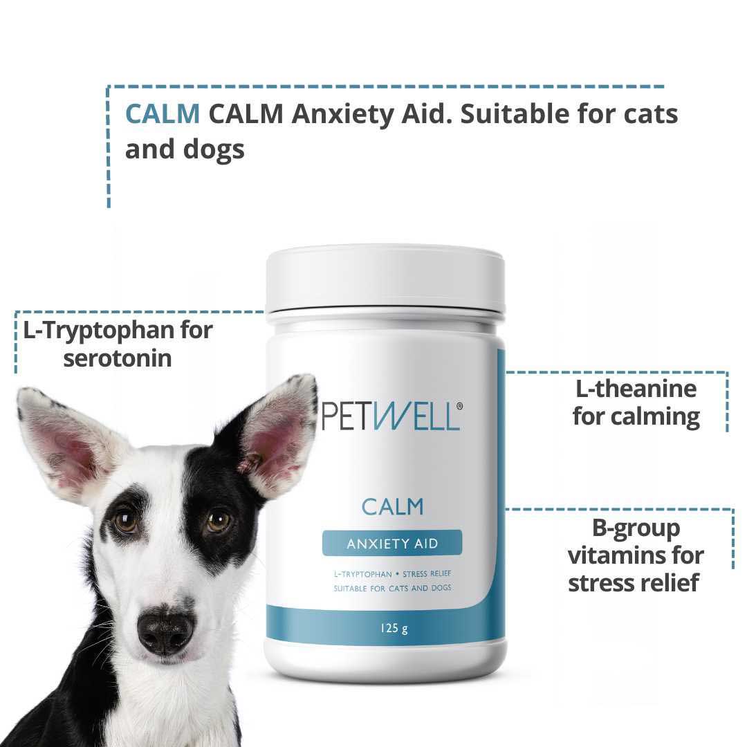 Anxiety support supplement for cats and dogs with anxiety - PetWell CALM. Formulated by a Pet Naturopath using all natural human grade ingredients. 