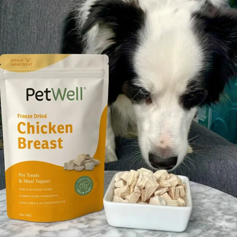 Dog eating PetWell freeze-dried chicken breast treats with a package in the background.