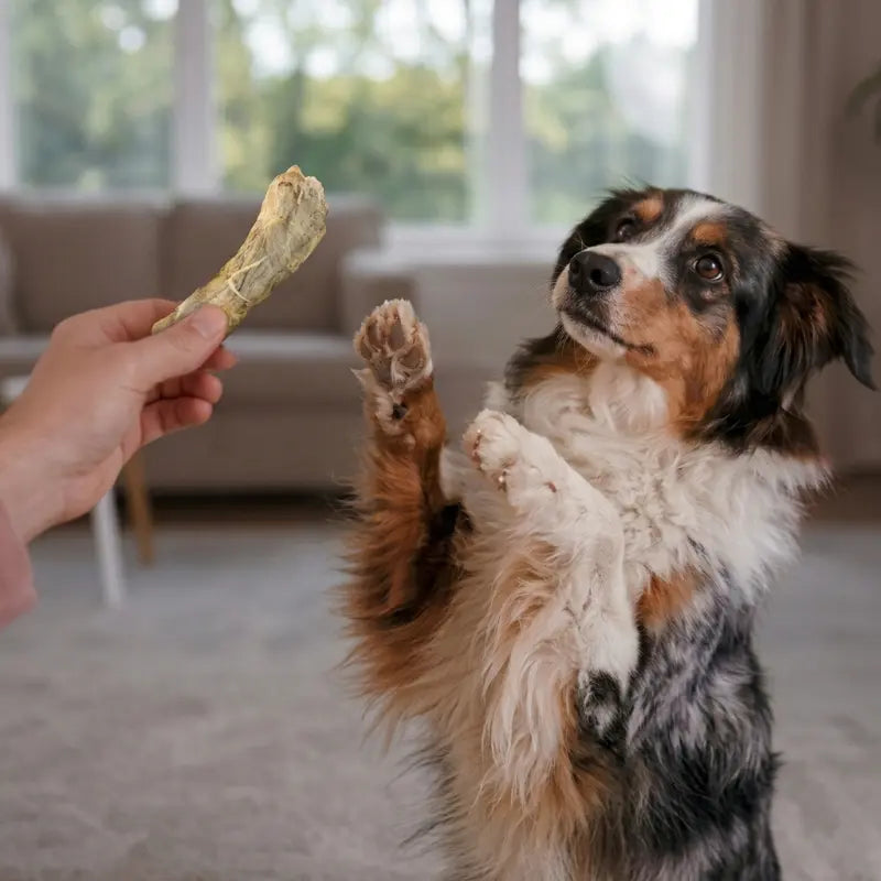 Dog reaching up to receive a chicken neck treat from a person indoors.