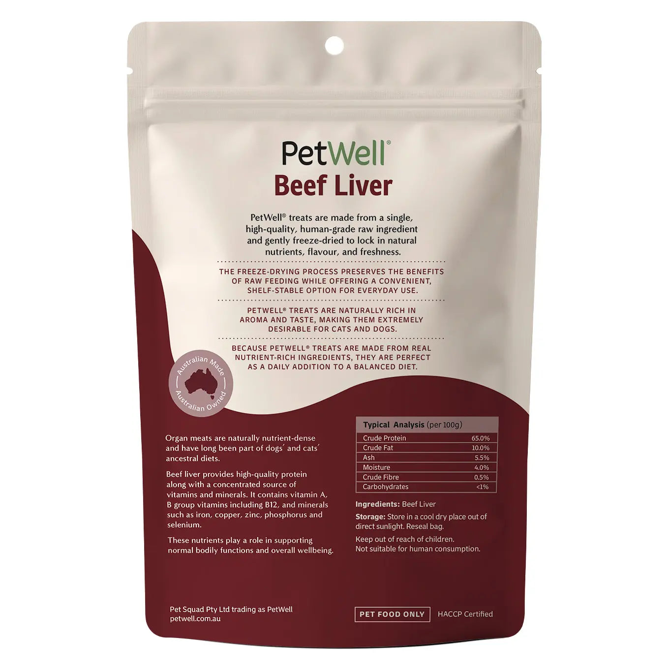 Freeze-dried beef liver treats for dogs and cats pack on a white background