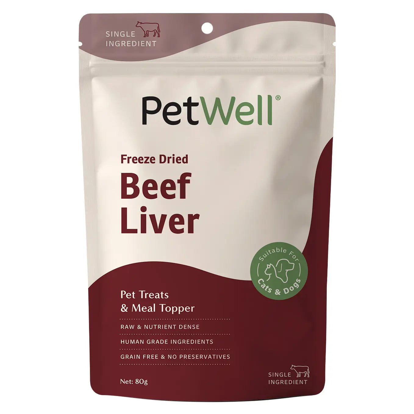 Australian made freeze-dried beef liver by PetWell on a white background