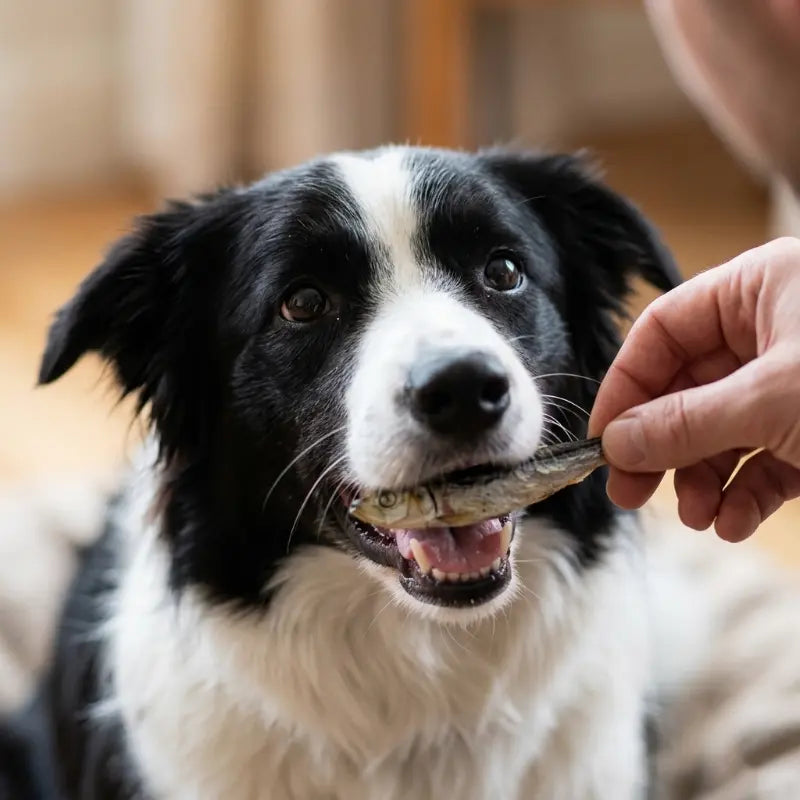 Dog being fed a treat by a person indoors