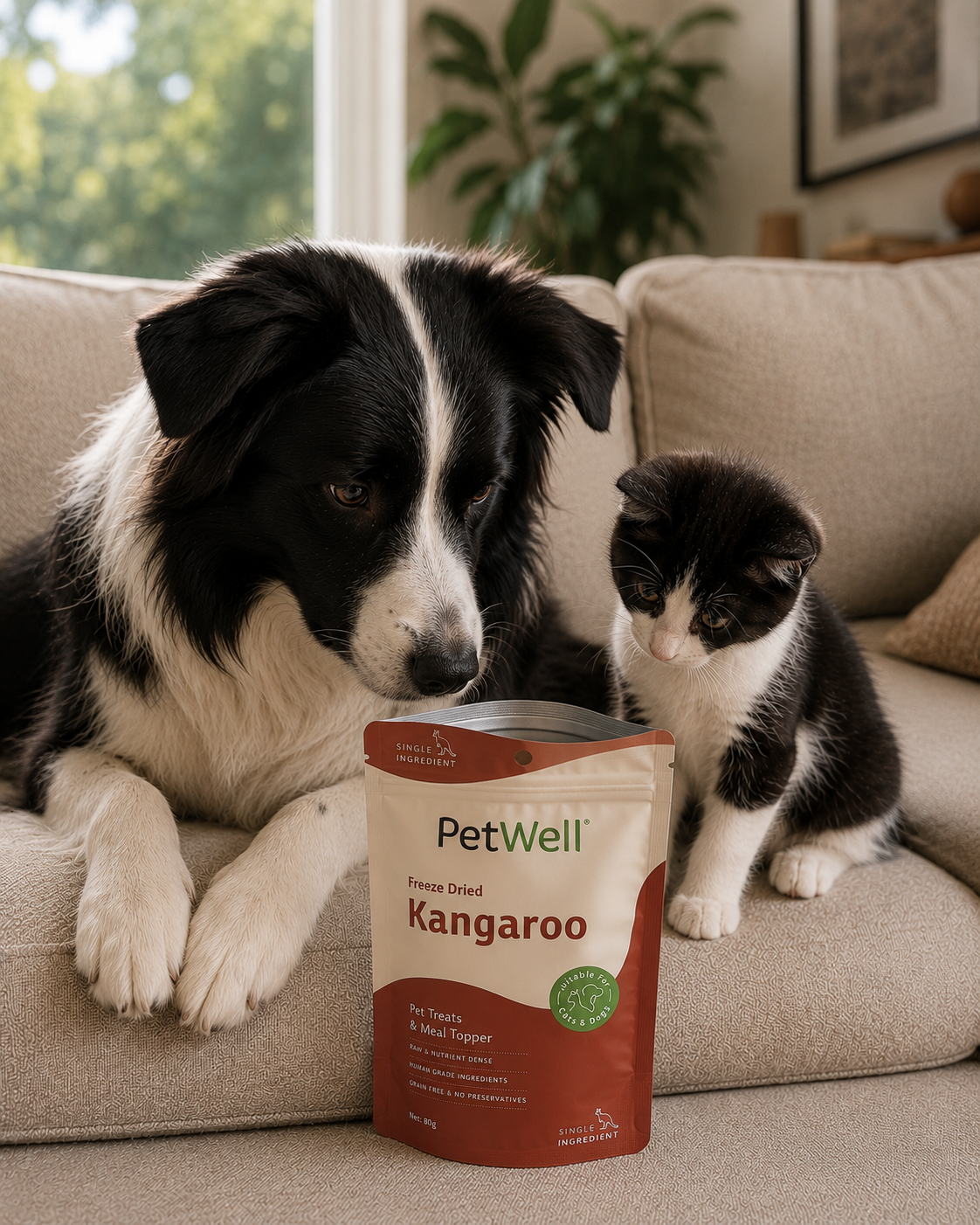 Border collie and kitten on their beds with petwell kangaroo treats