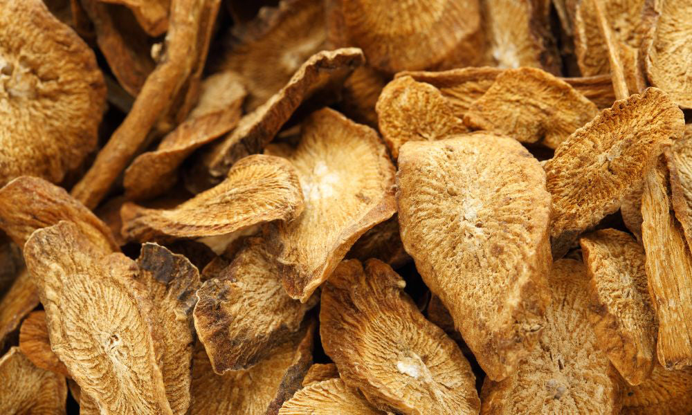 Closeup of sliced dried burdock root