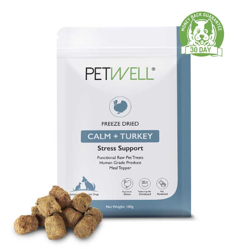 CALM_TURKEY-Functional-Healthy-Freeze-dried-protein-infused-with-PetWell-CALM-anxiety-Aid-supplement-for-anxious-dogs-and-cats-30 day guarantee