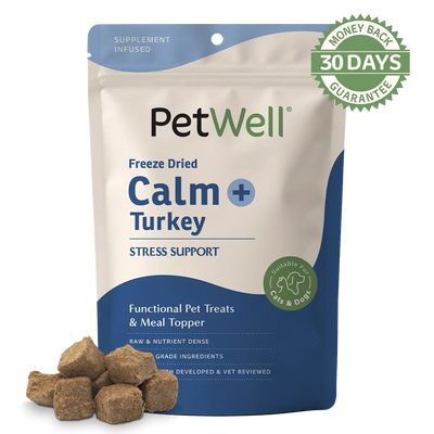 PetWell Calm + Turkey functional pet treat and meal topper with 30 day money back guarantee