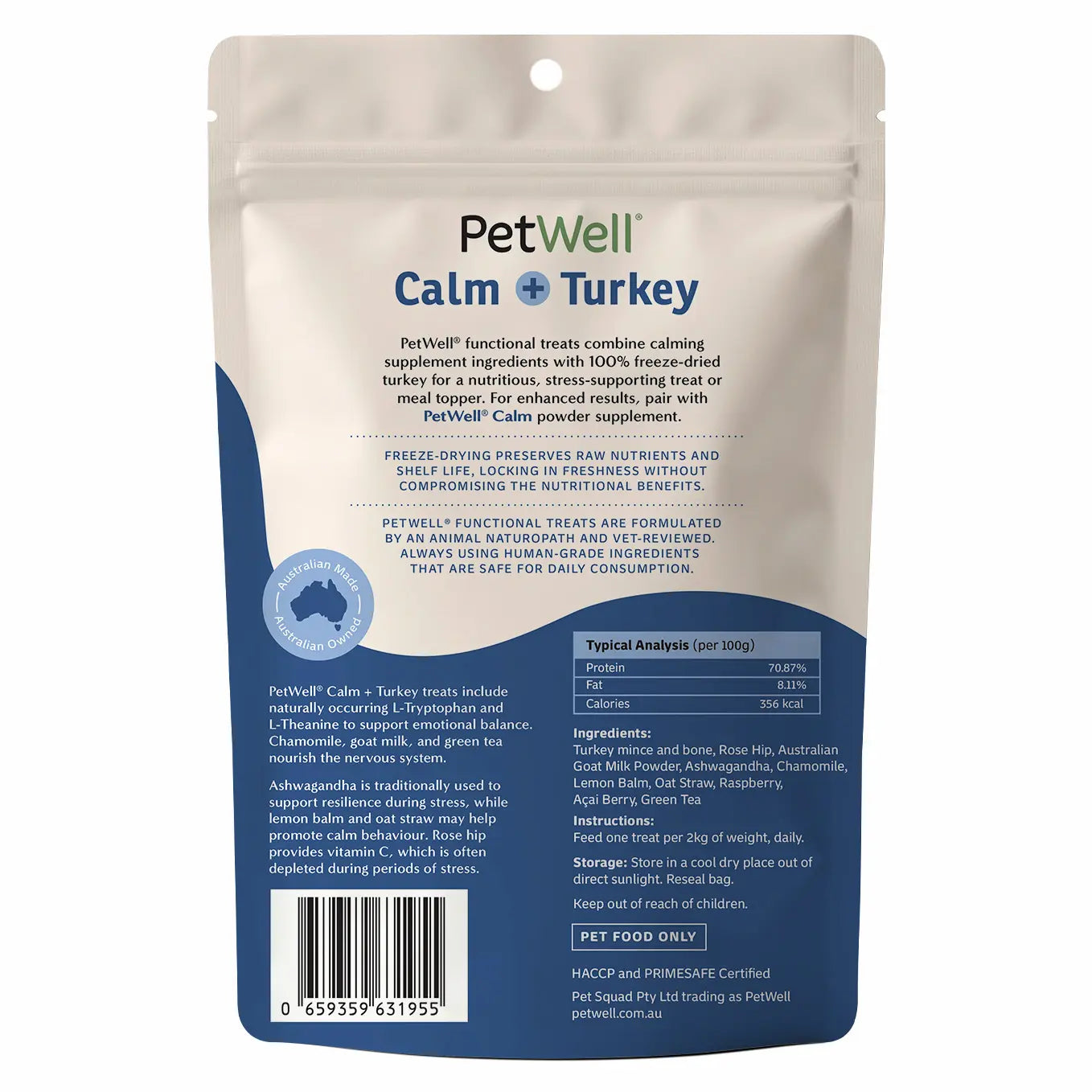 PetWell Calm + Turkey functional pet treat and meal topper back of pack information