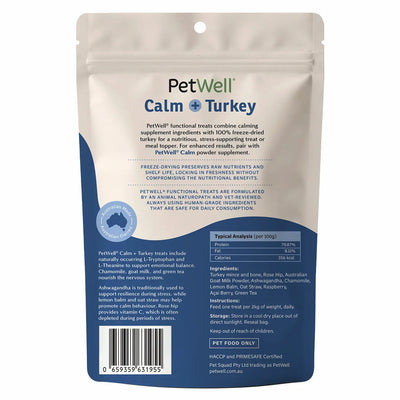 PetWell Calm + Turkey functional pet treat and meal topper back of pack information