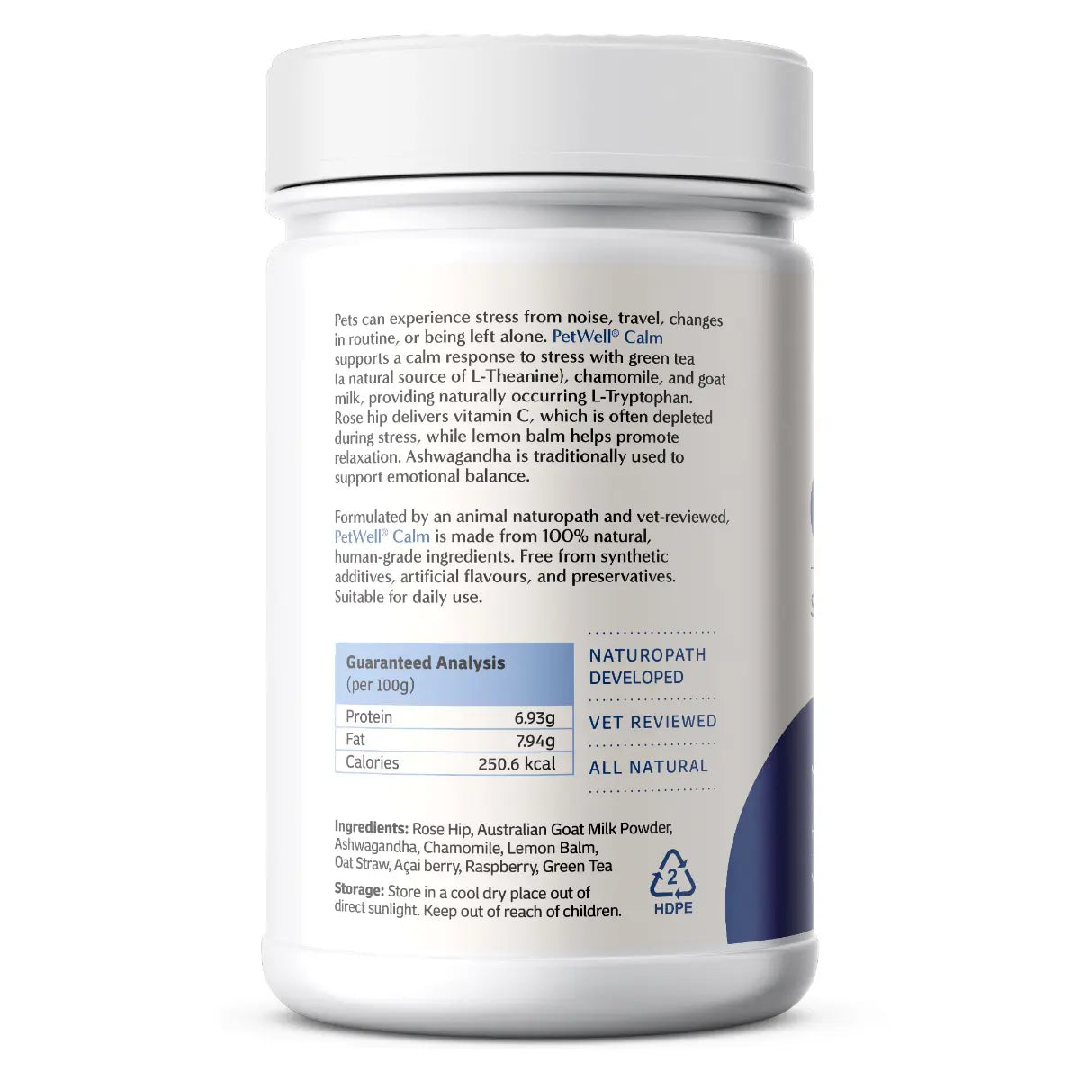 PetWell Calm supplement guaranteed analysis panel