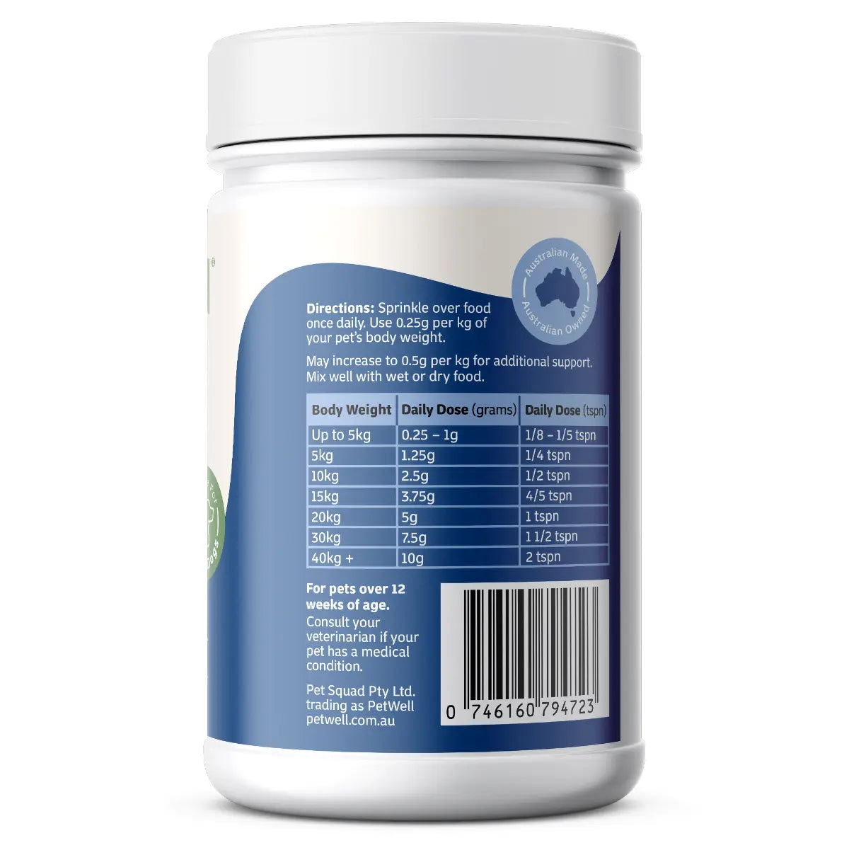 PetWell Calm supplement directions and dosage panel