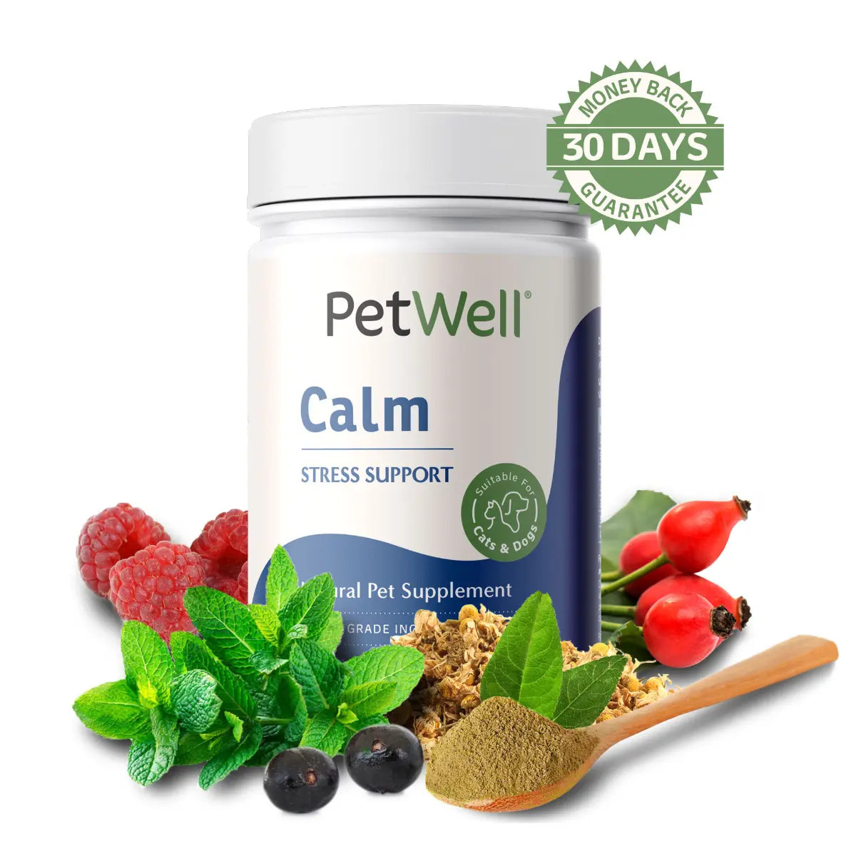 PetWell Calm supplement with human grade ingredients and 30 day money back guarantee