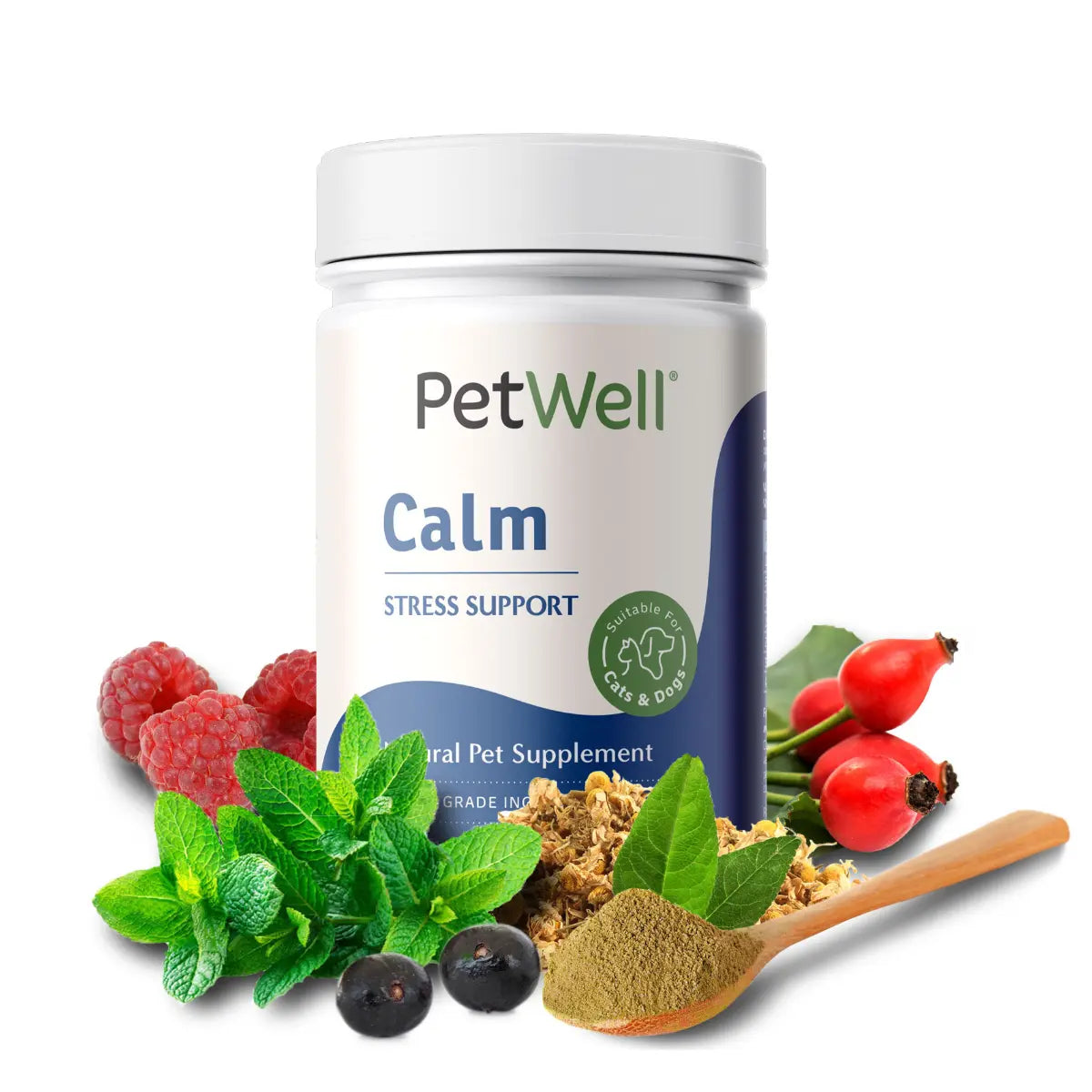 PetWell Calm supplement surrounded by human grade ingredients