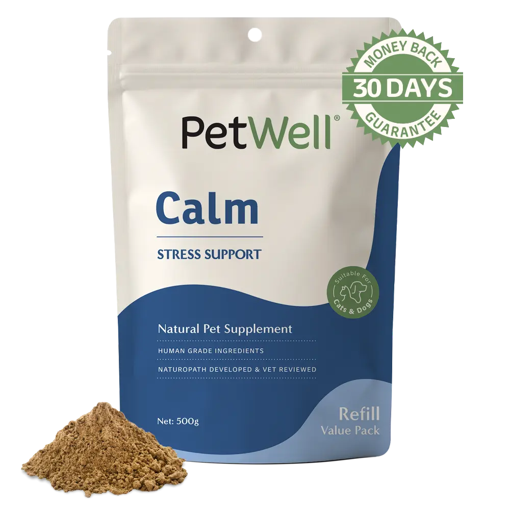 PetWell Calm supplement 500g refill pouch with 30 day money back guarantee