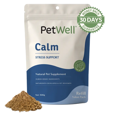 PetWell Calm supplement 500g refill pouch with 30 day money back guarantee