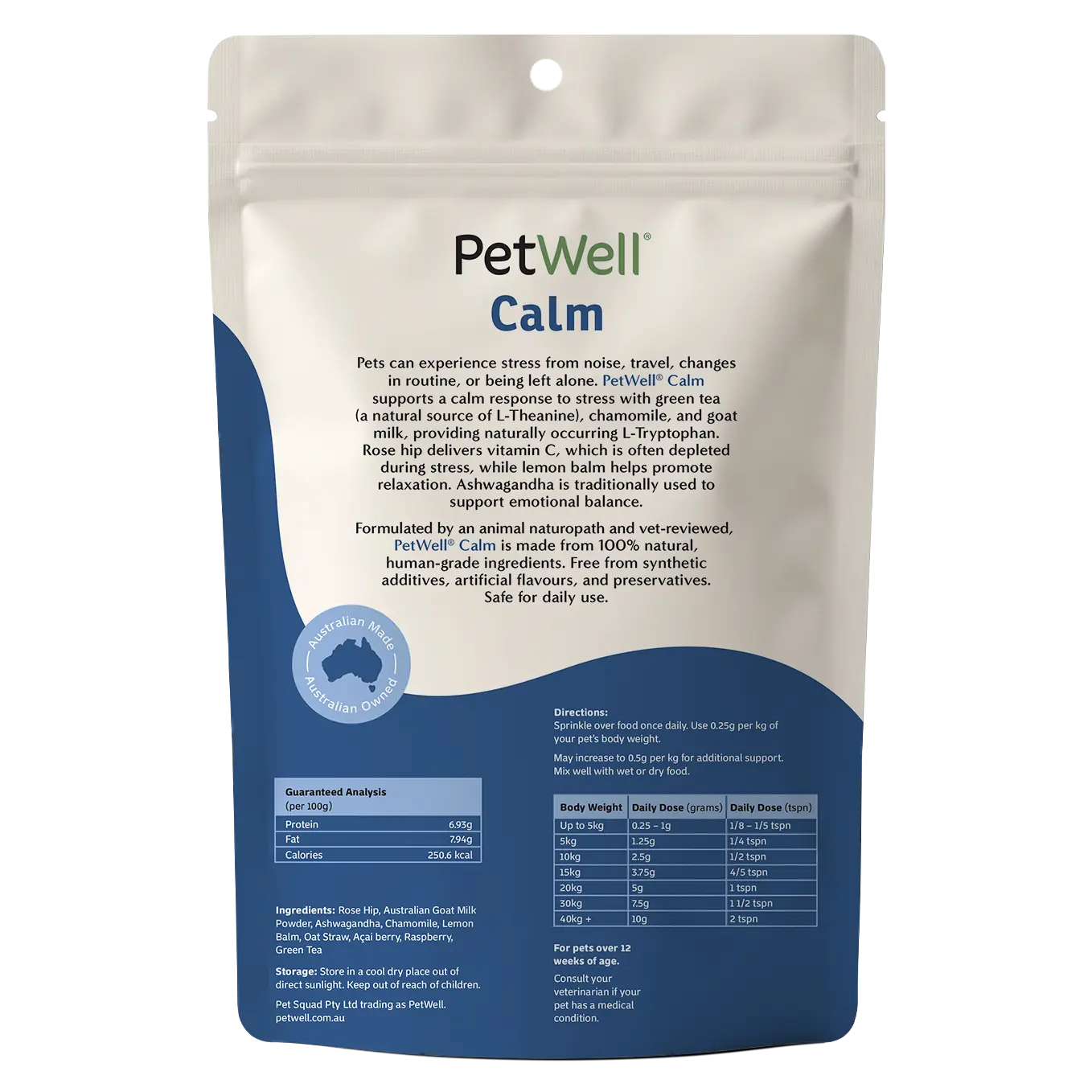PetWell Calm supplement 500g back of pack information
