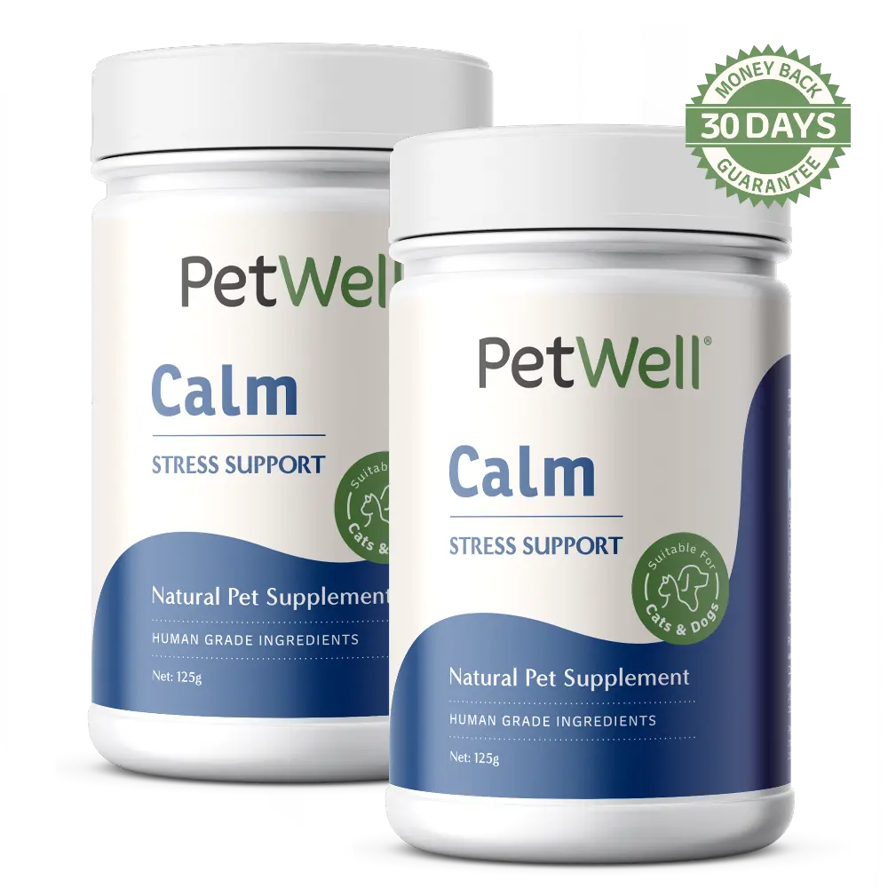 PetWell Calm supplement bundle of 2 canisters with 30 day money back guarantee