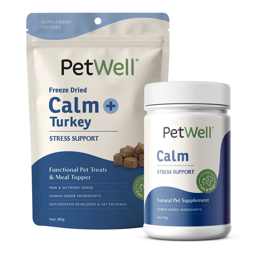 PetWell Calm supplement and Calm + Turkey functional treat packs 