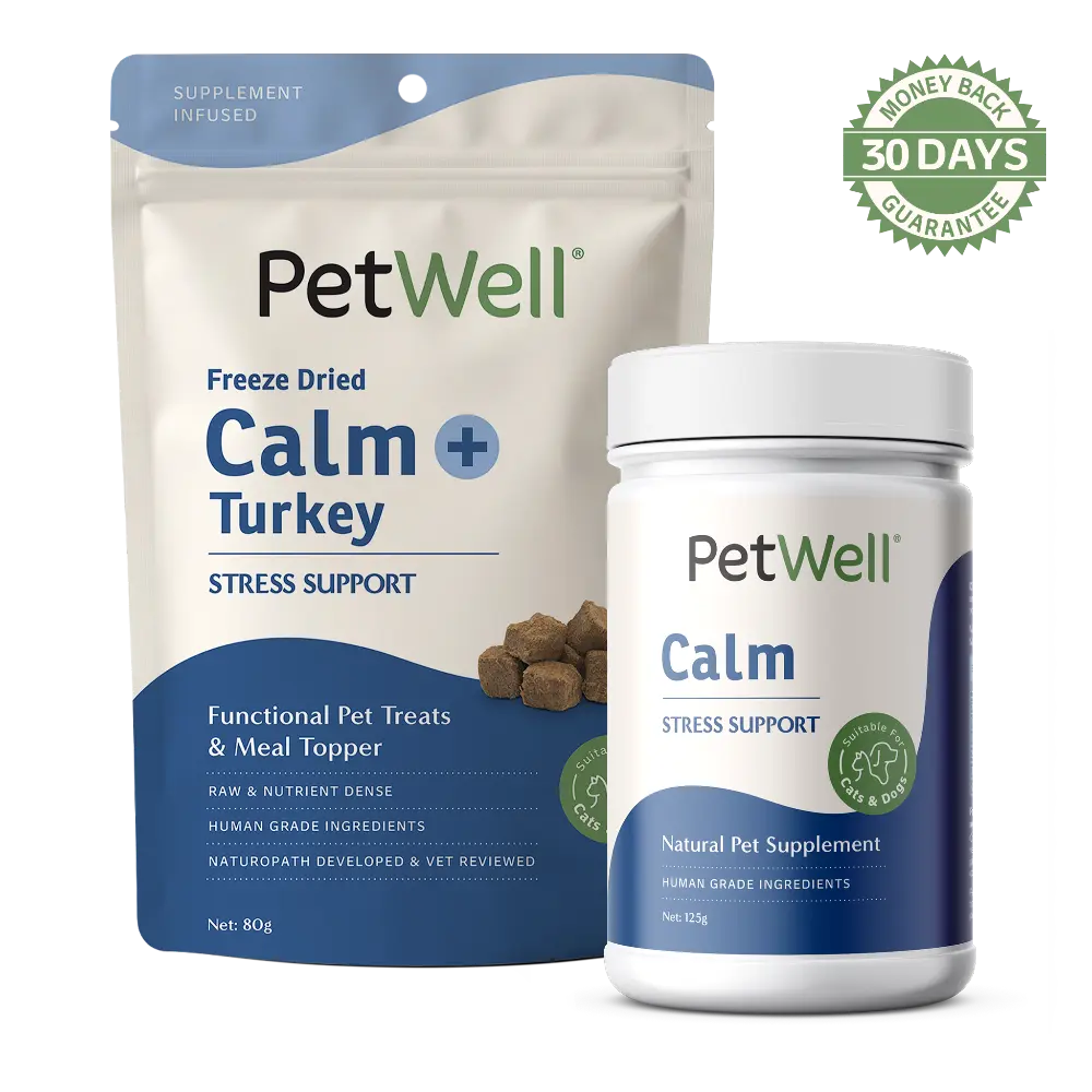 PetWell Calm supplement and Calm + Turkey functional treat packs with 30 day money back guarantee