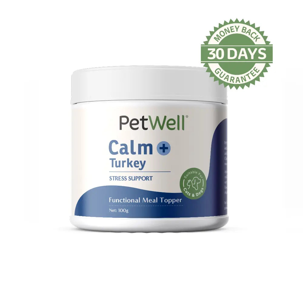 PetWell Calm + Turkey functional meal topper for dogs and cats with 30 day money back guarantee
