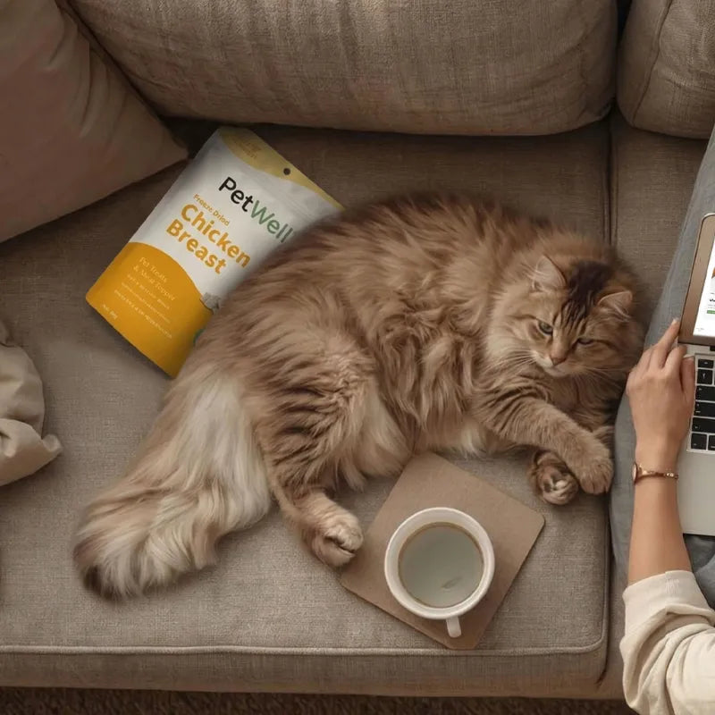 Cat lying on a couch next to a person using a laptop, with a cup and pet food package nearby.