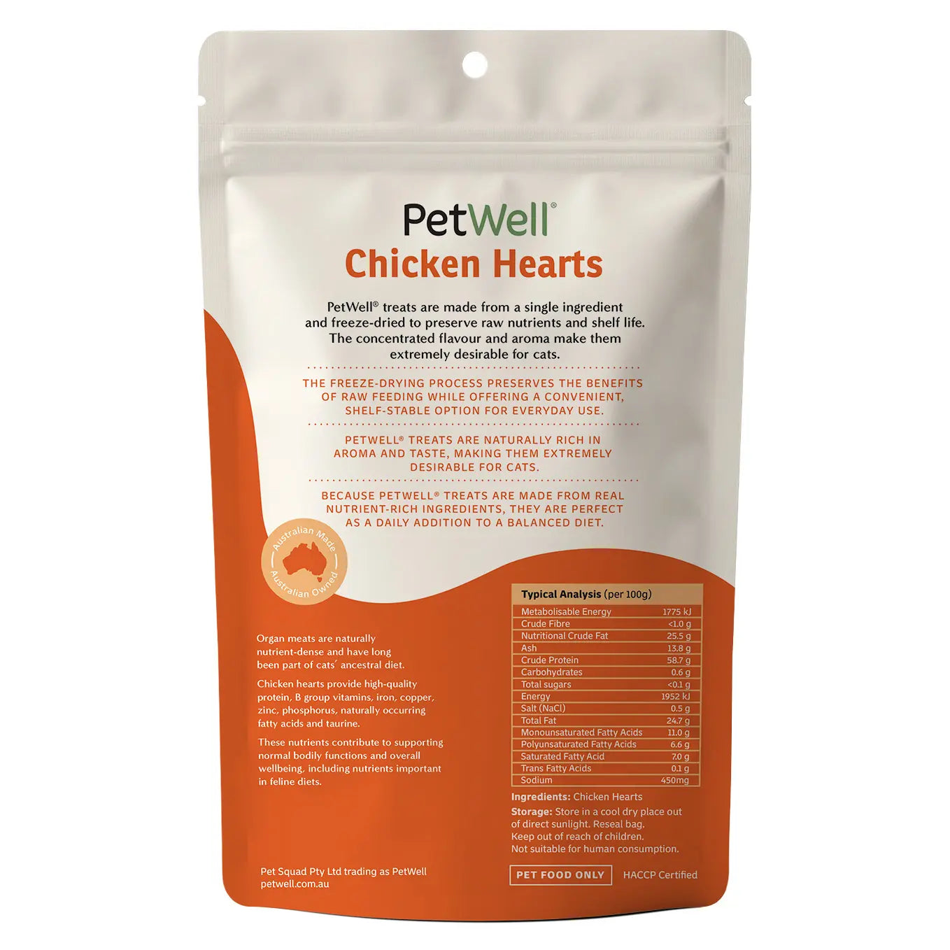 PetWell Chicken Hearts for Cats single ingredient pet treat & meal topper back of pack