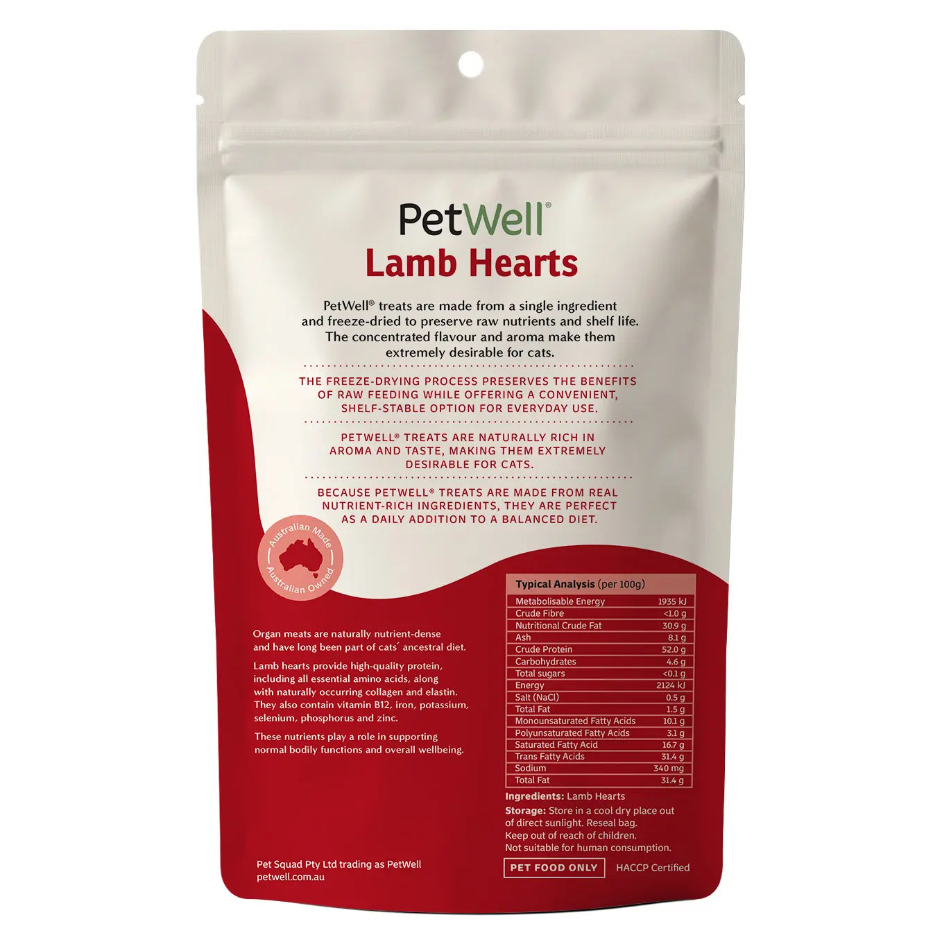 PetWell Lamb Hearts for Cats single ingredient pet treat & meal topper back of pack
