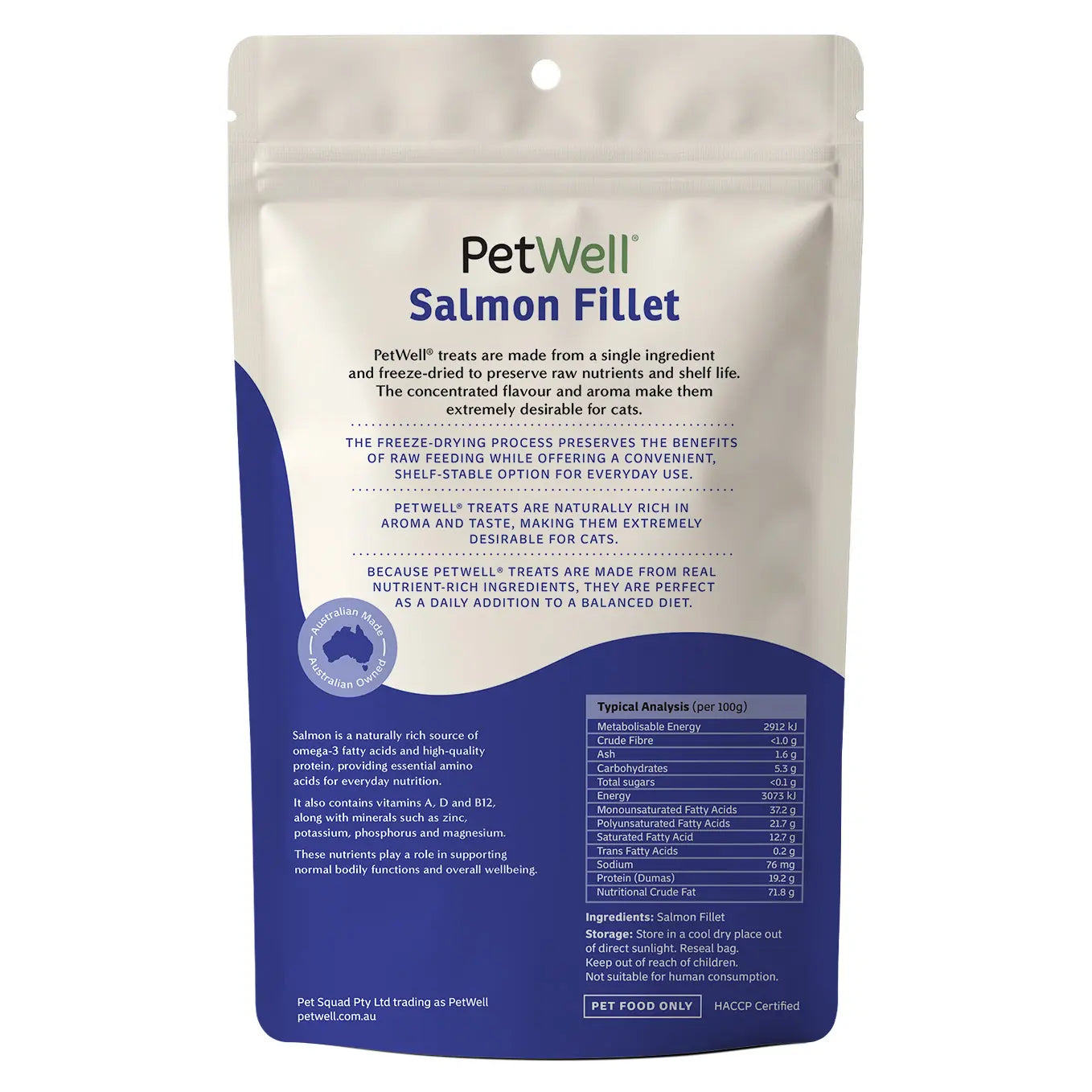 PetWell Salmon Fillet for Cats single ingredient pet treat & meal topper back of pack