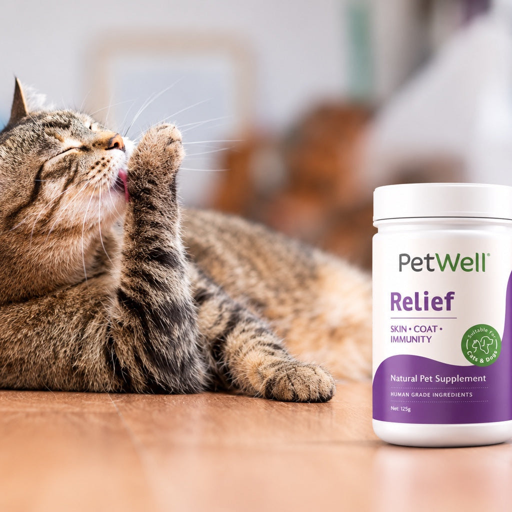 Little cat at home with PetWell Relief + Skin, coat, and immunity supplement. The scene is the kitten licking himself due to allergies in its coat.