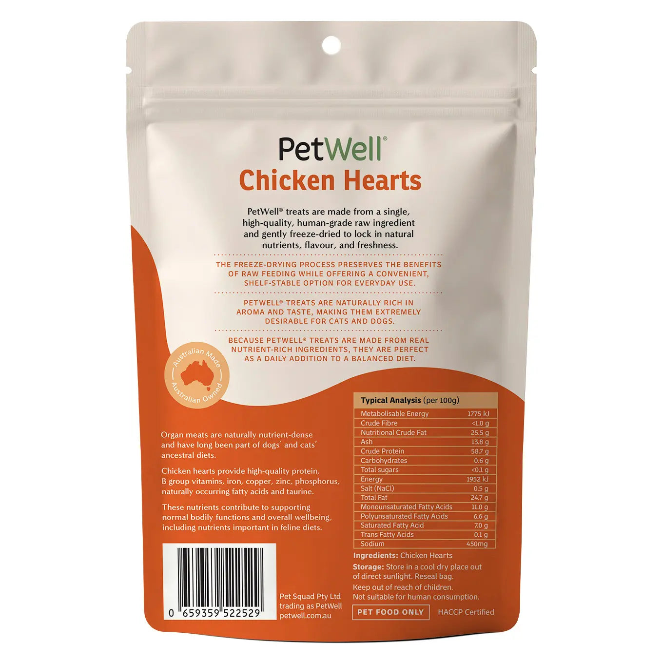 PetWell Chicken Hearts single ingredient pet treat & meal topper back of pack