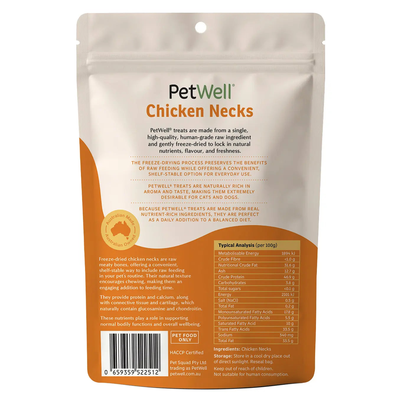 PetWell Chicken Necks single ingredient pet treat & meal topper back of pack