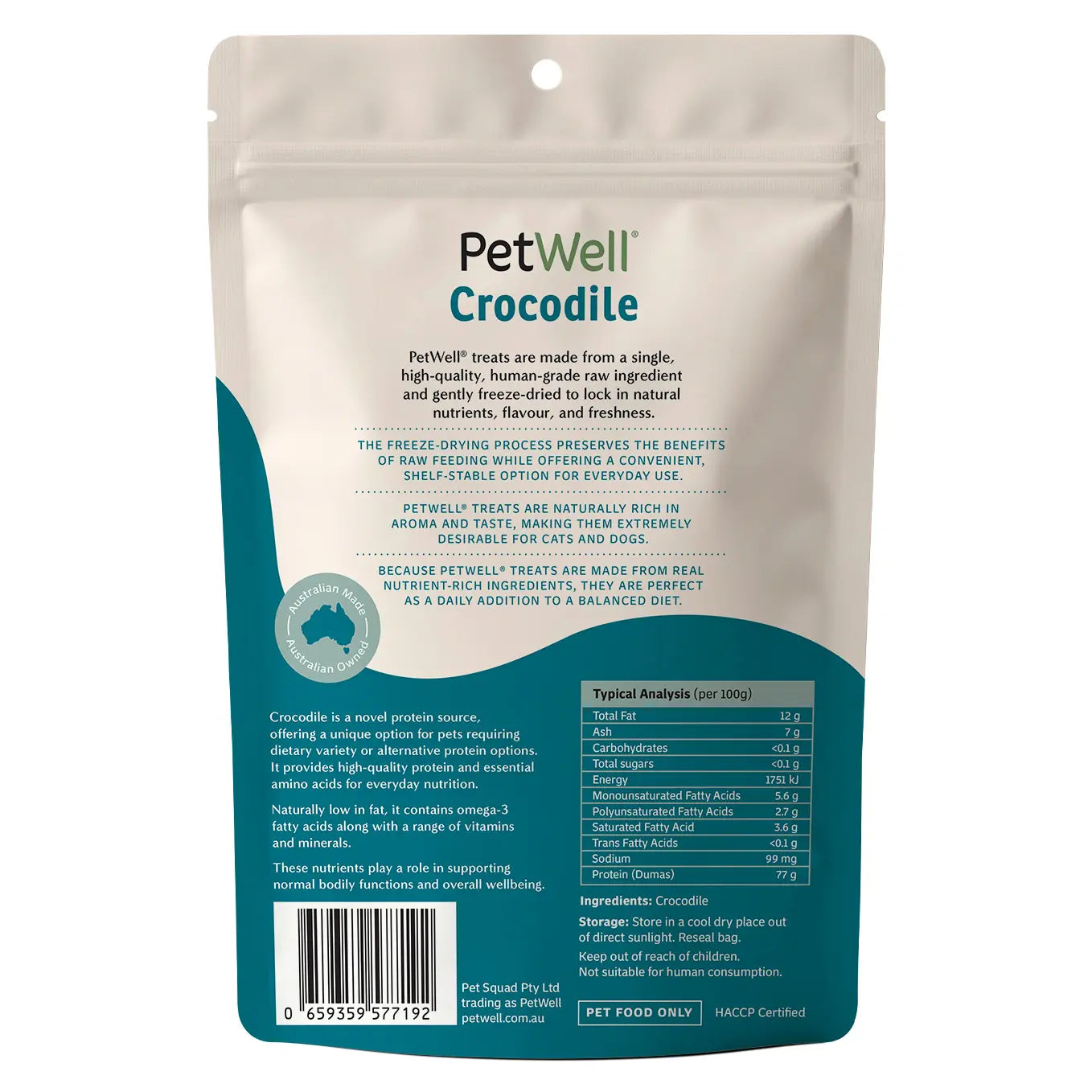 PetWell Crocodile single ingredient pet treat & meal topper back of pack
