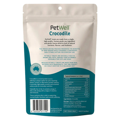 PetWell Crocodile single ingredient pet treat & meal topper back of pack