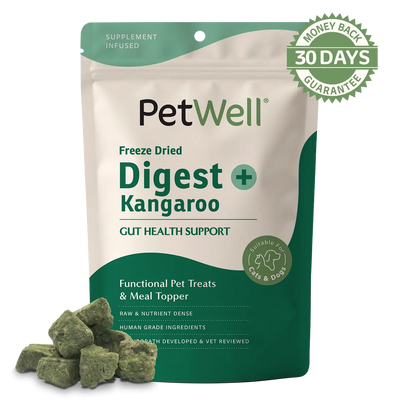 PetWell Digest + kangaroo functional pet treat and meal topper with 30 day money back guarantee