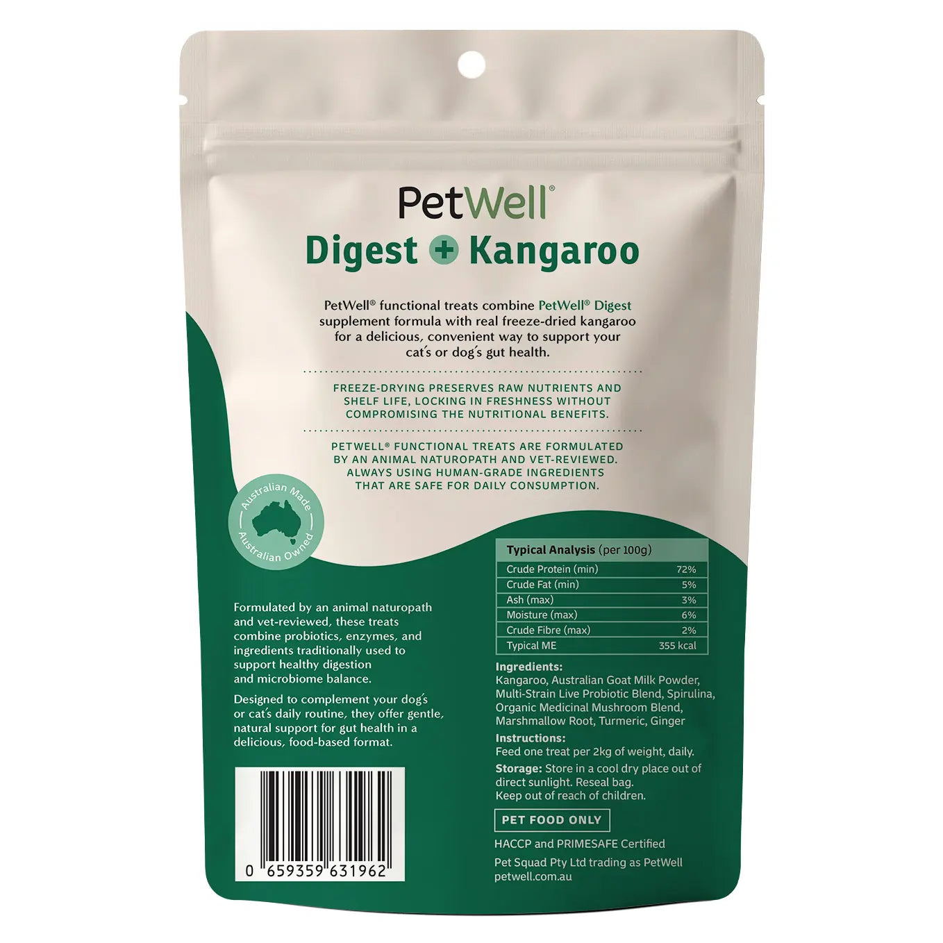 PetWell Digest + kangaroo functional pet treat and meal topper back of pack information